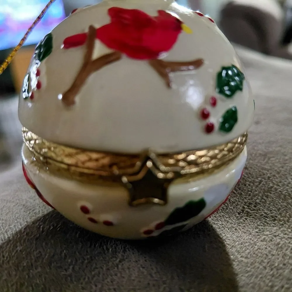 Holiday Ceramic Hinge Ornament in White with Red and Green Accents